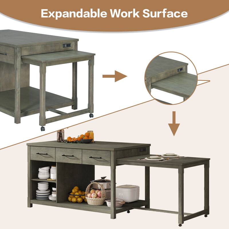 Extendable Kitchen Island with Storage, Rolling Kitchen Cart with Built-In Power Outlets, Retro Kitchen Island on Wheels
