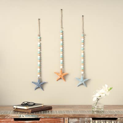 Blue Wood Handmade Textured Starfish Wall Decor with Long Beaded Hanging Rope (Set of 3)