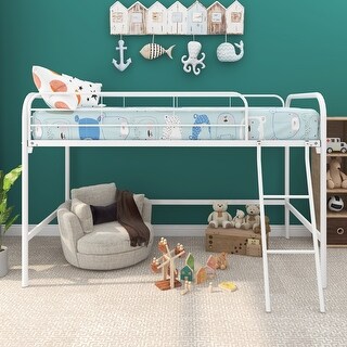 Twin Metal Low Loft Bed with Sturdy Steel Frame, Ladders, and Safety Enhancements