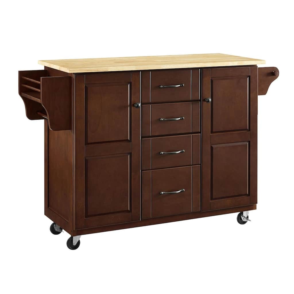 Full Size Kitchen Cart - Mobile Storage Cart with Shelves & Drawer - Mahogany Finish - 51.5" Wide
