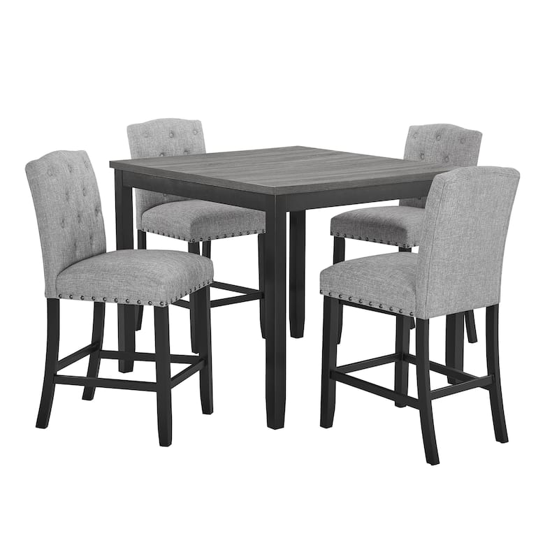 Phy 5pc Counter Table and Chairs Set, Nailheads, Tufted Gray Fabric, Black