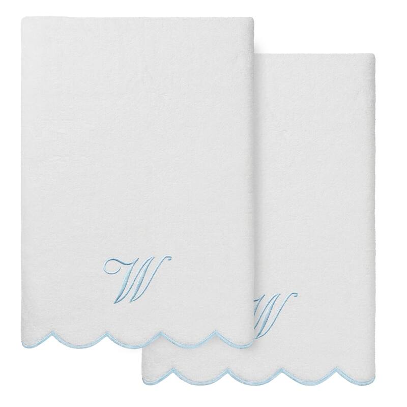 Authentic Hotel and Spa 100% Turkish Cotton Blue ADORNIA Scallop Personalized 2 Piece Bath Towel Set - 2 Bath Towels - W