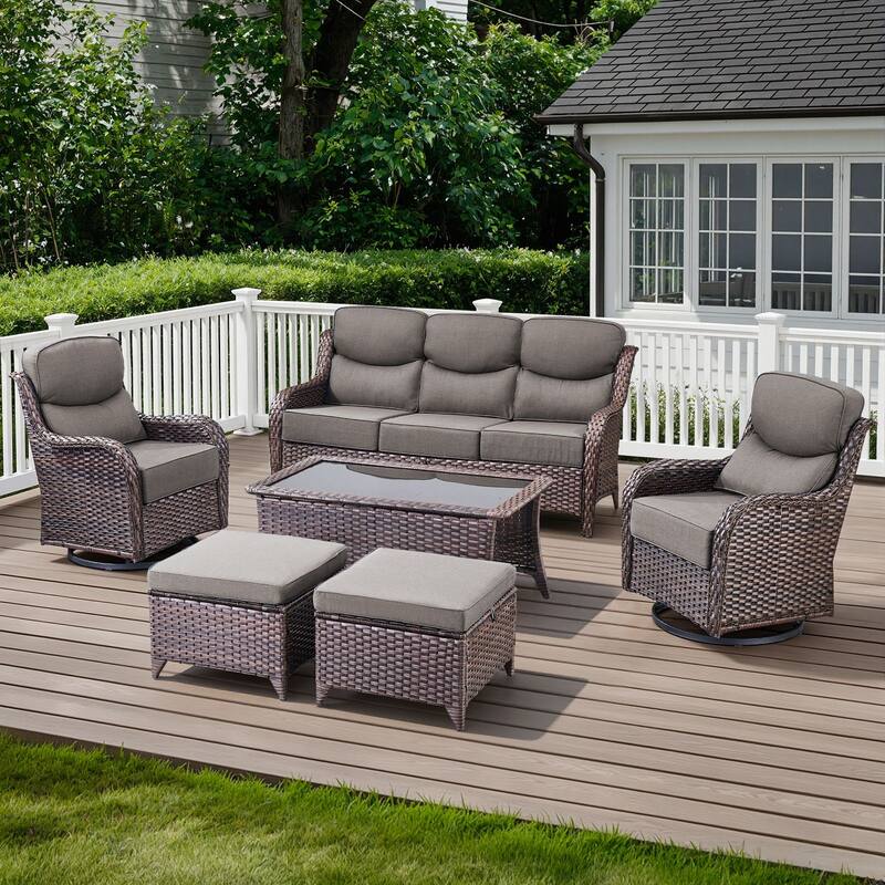 Arcadia 6-Piece Wicker Patio Conversation Set with Swivel Gliders and 6-Inch Thick Olefin Cushions