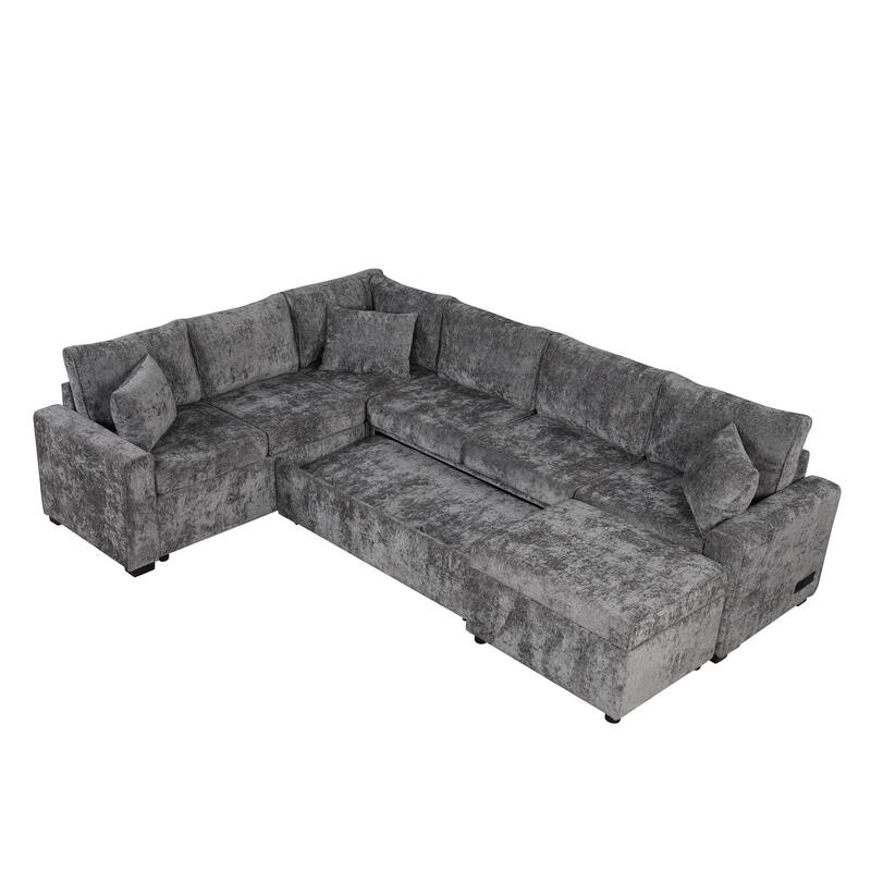 112.2" Sectional Sofa Bed with Storage Ottoman, Pillows & Charging, Grey Chenille
