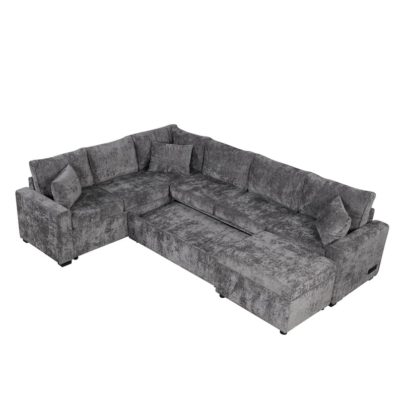 112.2" Sectional Sofa Pull-out Sofa Bed Sleeper with a Storage Ottoman,Three Pillows and Charging Devices for Living Room, Cream