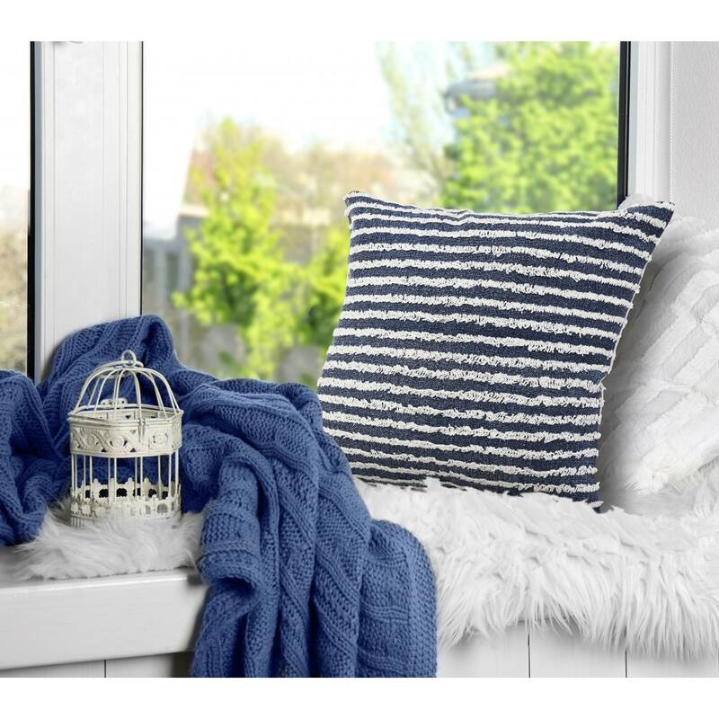 HomeRoots 20" X 20" Ensign Blue And Cream 100% Cotton Striped Zippered Pillow