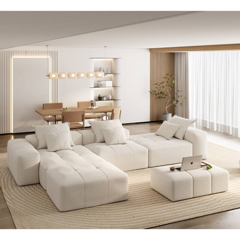 Modern Oversized Chenille Modular Sectional Sofa Tufted Sofa with 6 Pillows and Ottoman for Living Room - Beige