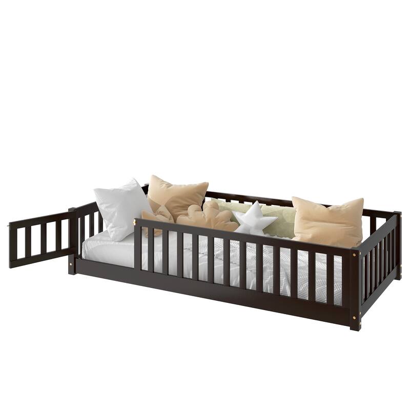 Twin Size Rubber Wood Floor Bed with Fence, Door & Safety Guardrails