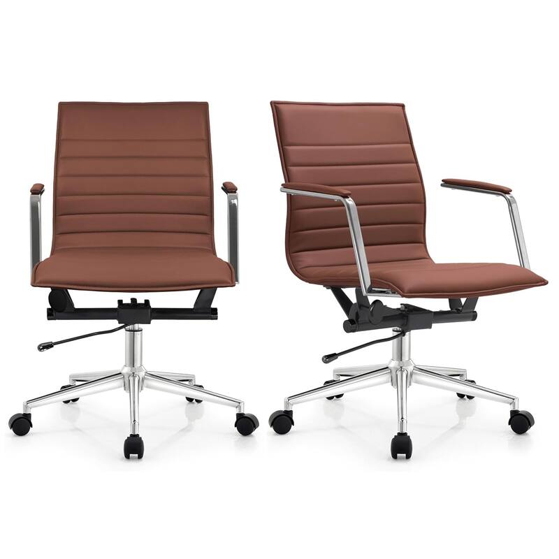 Set of 2 Modern Office Chairs | Upholstered PU Leather Ribbed Mid Back with Metal Frame | Adjustable Height, Tilt Lock - Upholstered PU Leather Ribbed Mid Back with Metal Frame | Adjustable Height, Tilt Lock|Brown