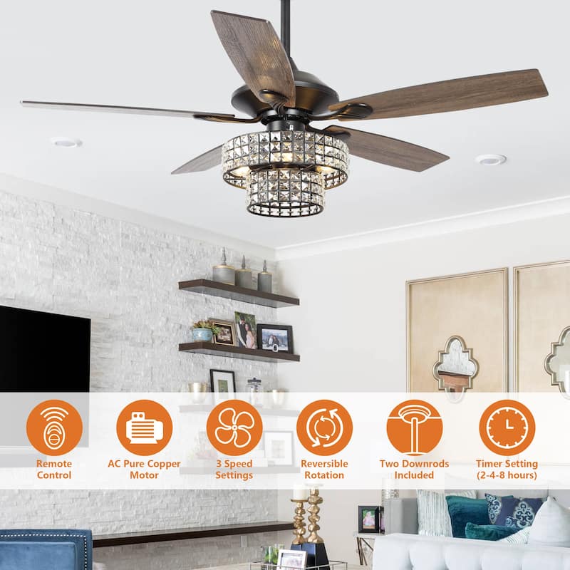 52-inch Chrome Wooden 5-blade Modern Crystal Ceiling Fan with Remote