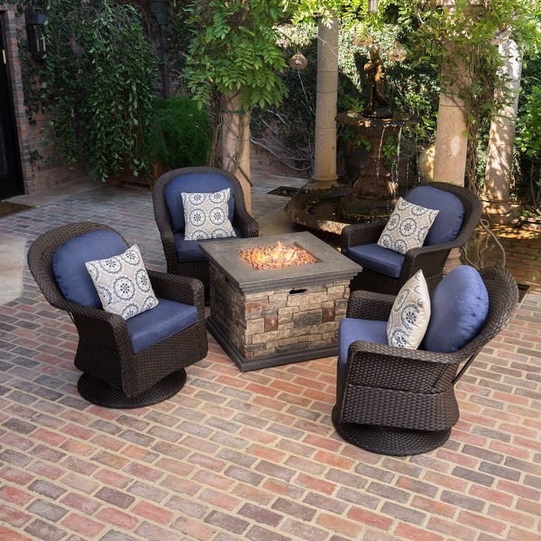 slide 2 of 13, Alhambra Wicker 5-piece Outdoor Club Chairs and Firepit Set by Christopher Knight Home Dark Brown Wicker + Blue Cushions