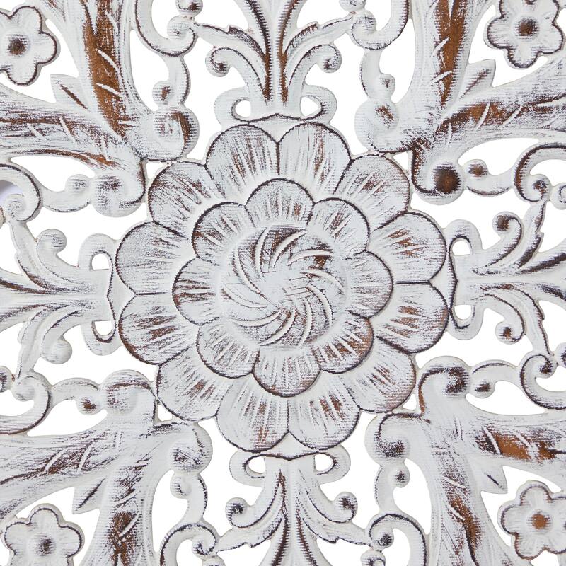 White Wood Handmade Intricately Carved Mandala Floral Home Wall Decor with Brown Distressing