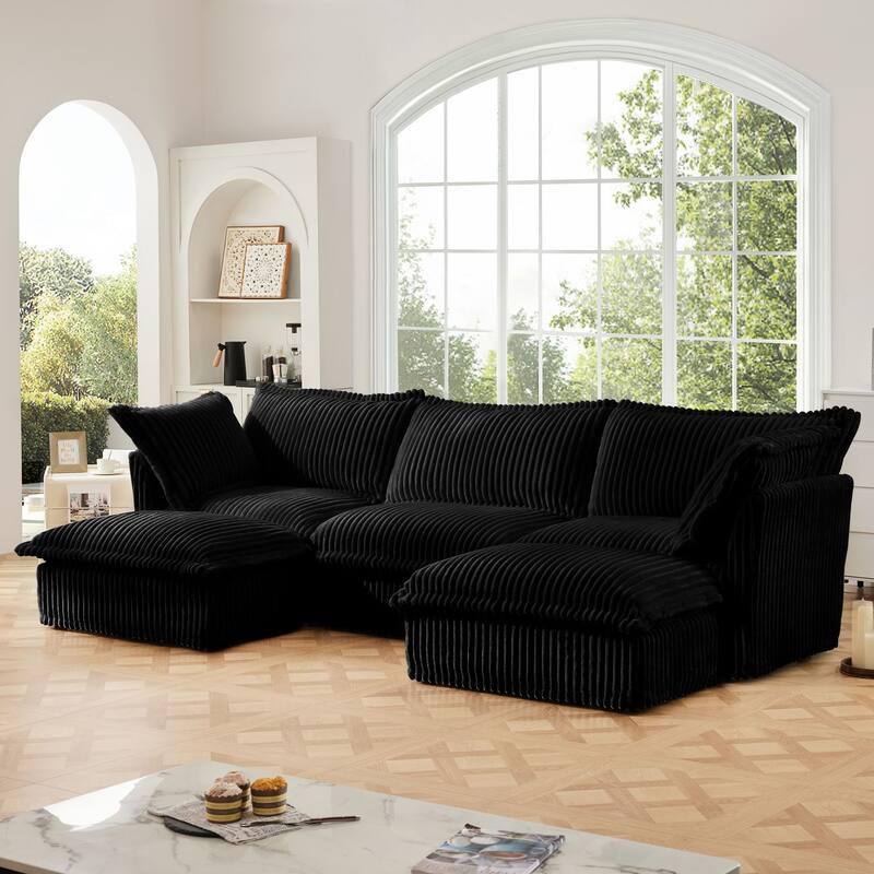 Modern 3 Seater Upholstered Sofa with 2 Ottomans and 2 Pillows