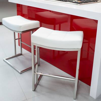 26-inch Brushed Stainless Steel Faux-Leather Saddle Counter Stool