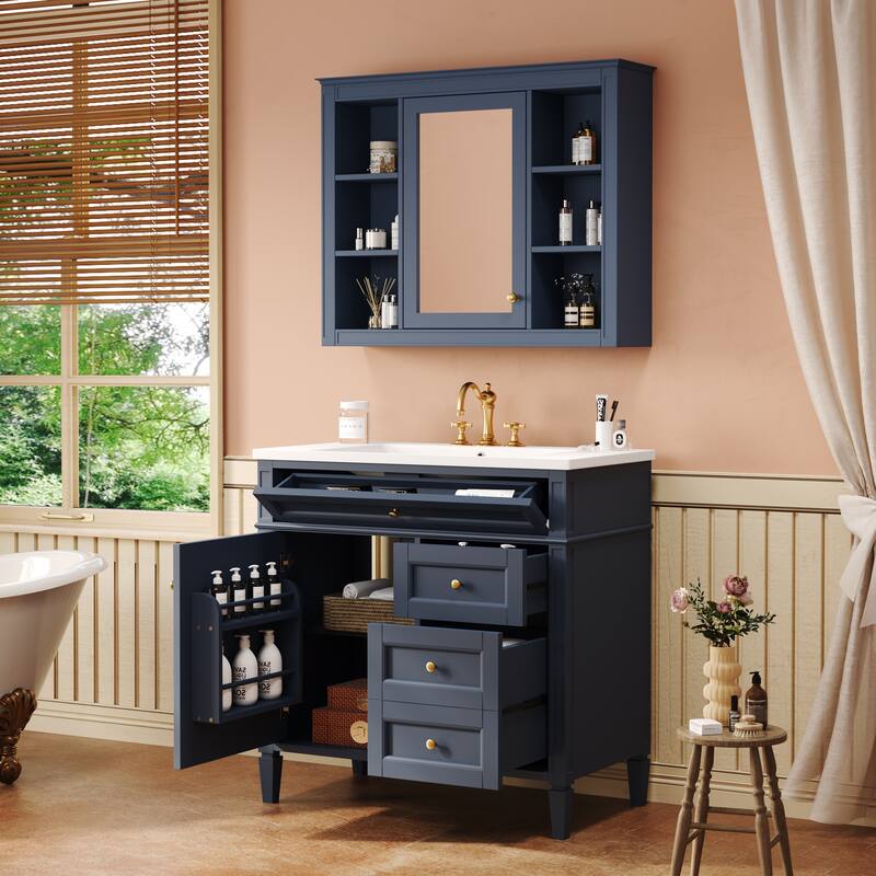 Freestanding Bathroom Vanity & Wall Mounted Mirror Cabinet Set with Resin Sink, Open Shelves, Drawers and Adjustable Shelves