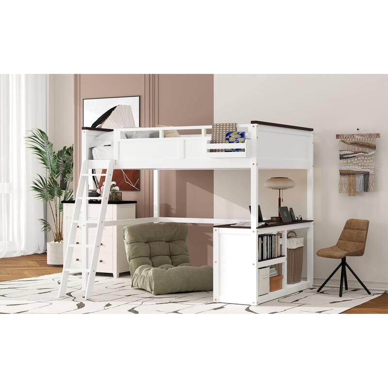 Queen Size White Loft Bed with Desk, Open Shelf, Storage Box & USB Charging Station
