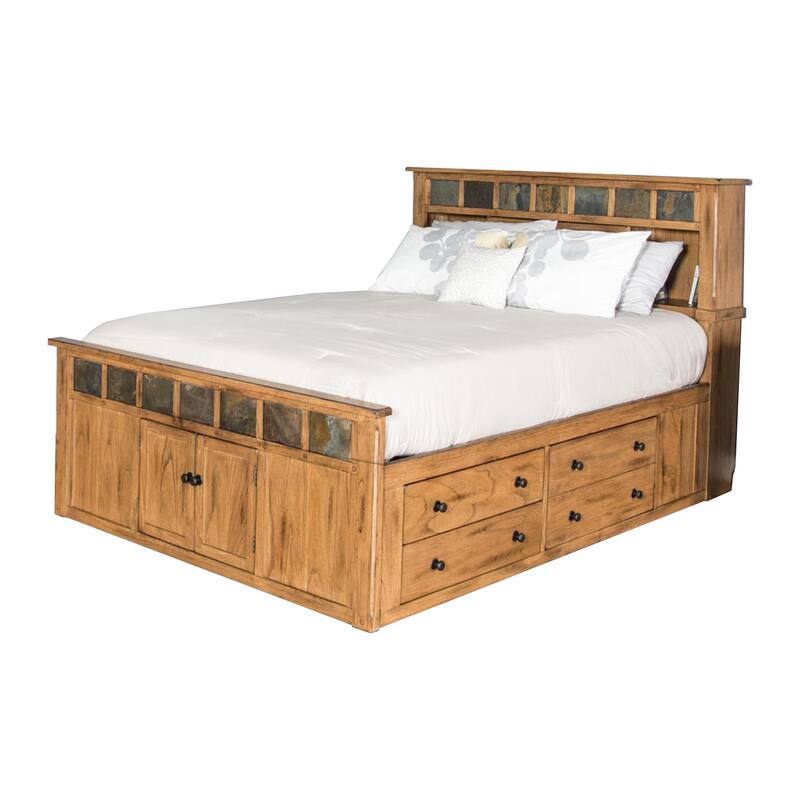 Marv Queen Size Bed, Storage Footboard Bookcase Headboard, Light Brown