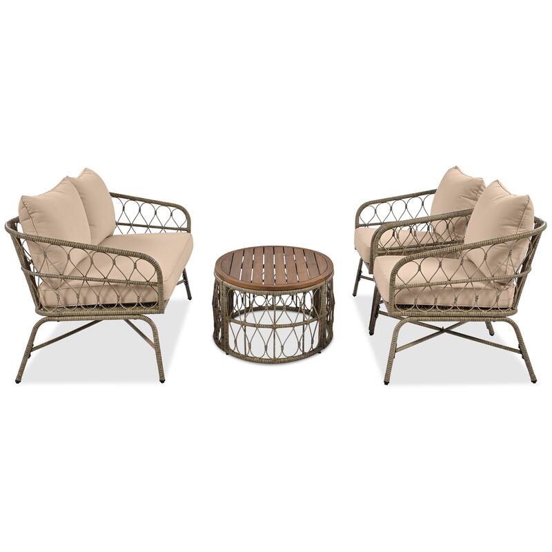GO Bohemia-inspired 4-Person Outdoor Seating Group With Removable Cushions, Conversation Patio Set With Wood Tabletop, Beige