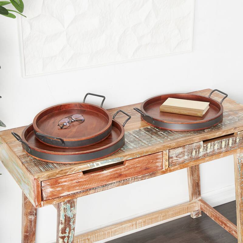 Wood Nesting Tray with Sleek Black Metal Handles (Set of 3) - Brown or Cream