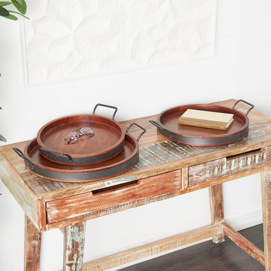 Wood Nesting Tray with Sleek Black Metal Handles (Set of 3) - Brown or Cream