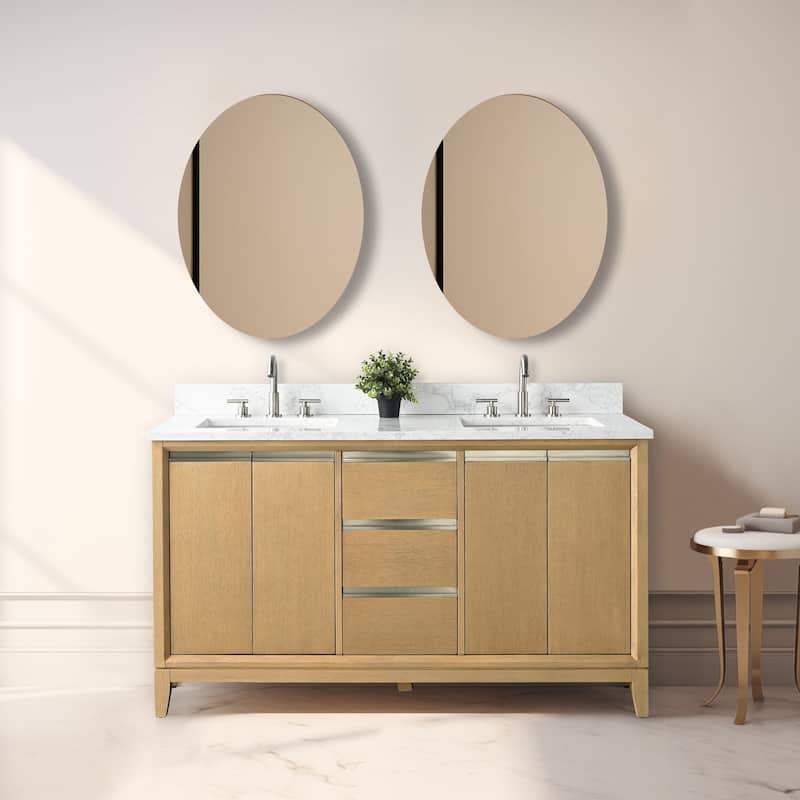 Vanity Art Bathroom Vanity with Ceramic Sink and Engineered Marble Top - 60" (Double Sink) - Natural Oak