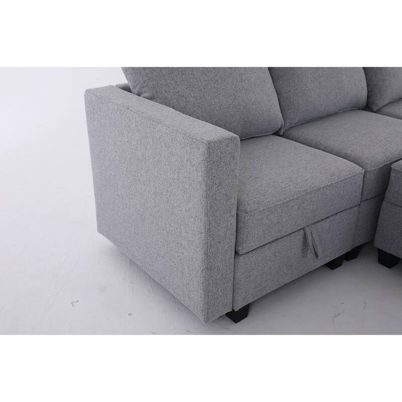 87" Burlap L-Shaped Modular 3-Seater Sofa with Ottoman & Storage