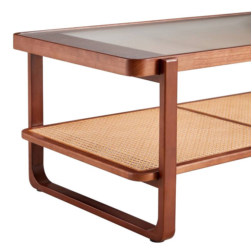 Roomfitters Walnut Solid Wood Coffee Table with Rattan Shelf, Glass Top Rectangle Tea Table for Living Room or Bedroom