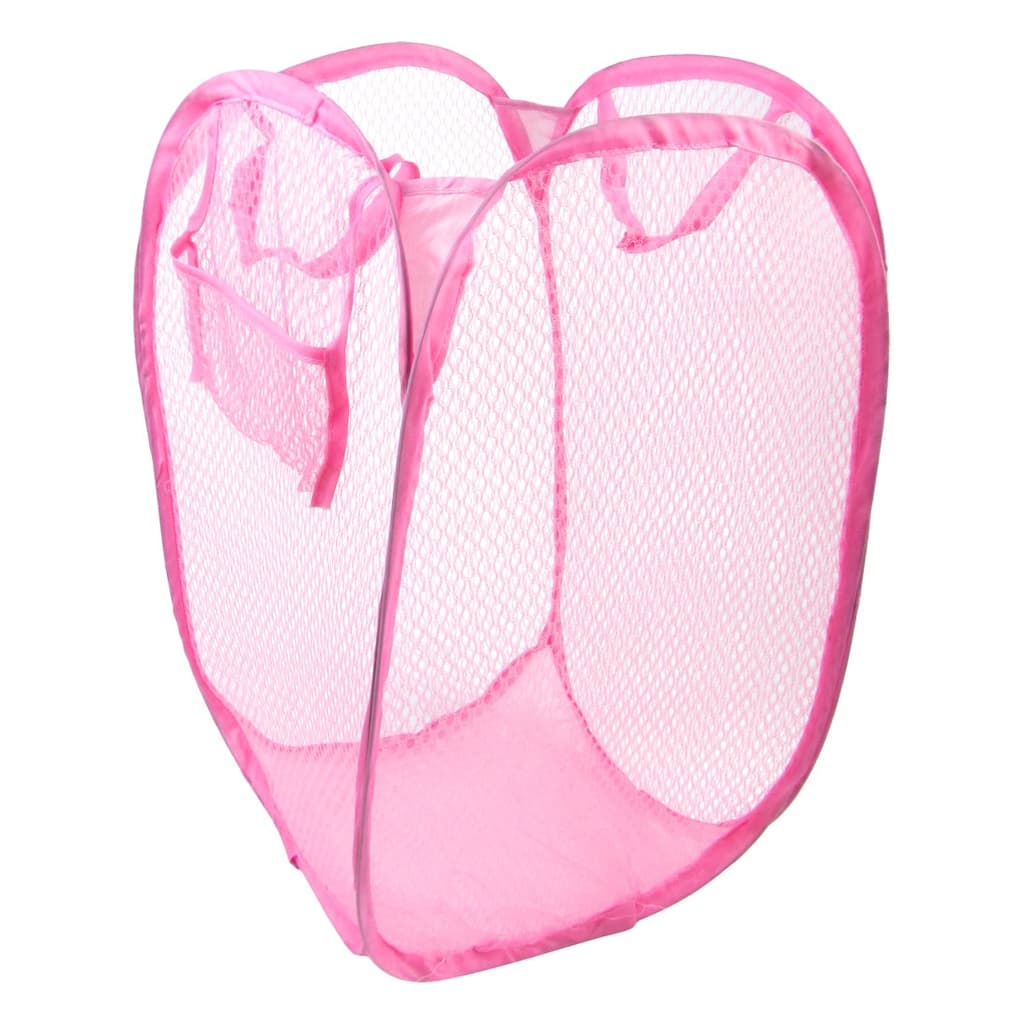 Washroom Nylon Pop up Clothes Bag Folding Mesh Storage Laundry Basket Pink