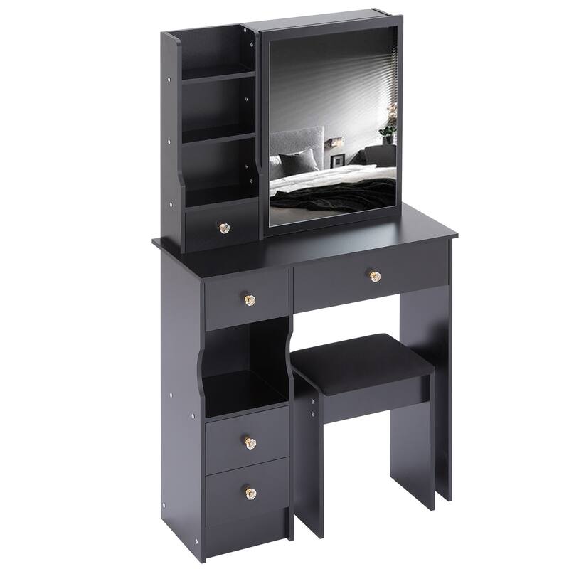 Vanity Desk with Sliding Mirror, Makeup Table with Drawer and Multi Layer Storage Rack, Vanity Set with Cushioned Stool