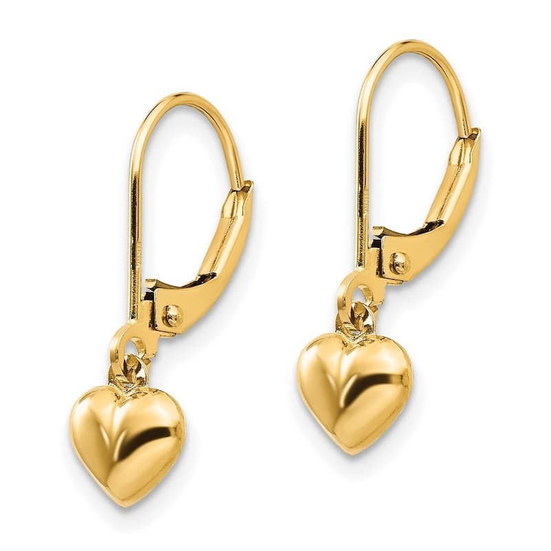 Curata 14k Yellow Gold 20x6mm Childrens Puffed Heart Drop Leverback Earrings
