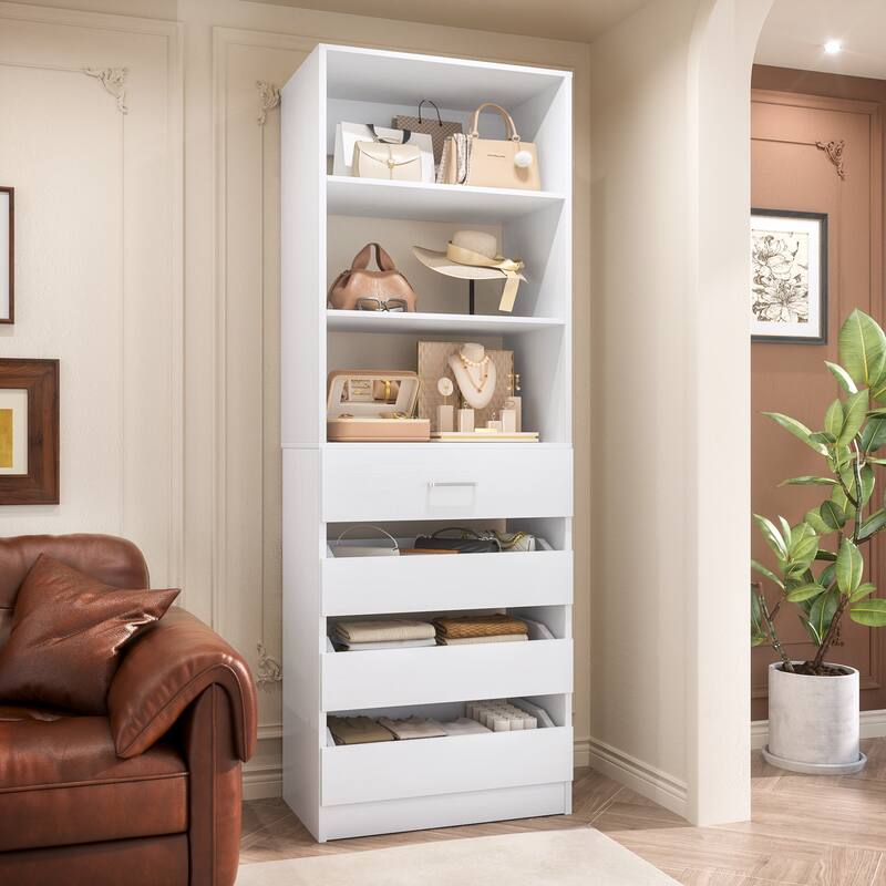 21.3" Storage Cabinet Bookshelf with Charging Station and 3 Wood Drawers, Freestanding Closet System with Storage Shelves - White