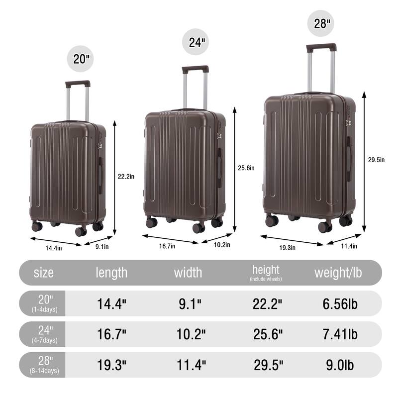 3 PCS in ABS Spinner Wheel Luggage, Carry on Suitcase, TSA Combination Lock