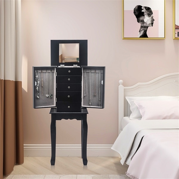 Standing Jewelry Armoire W Mirror 5 Drawers 6 Necklace Hooks