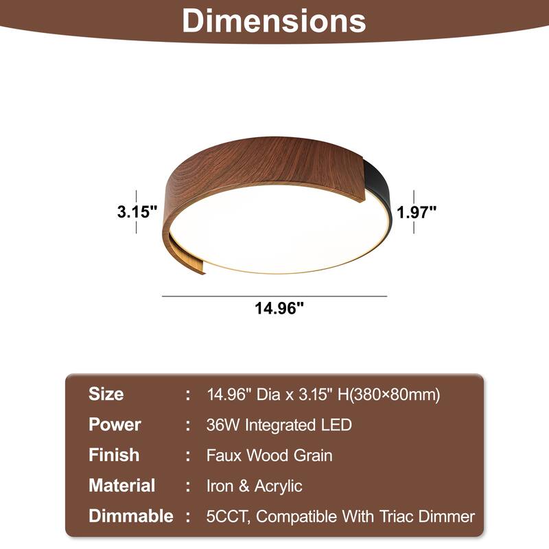 Starsky 5CCT LED Round Wooden Flush Mount - 11.81''