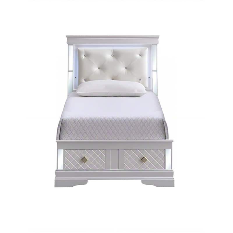Pearl White Twin Bed with LED Headboard, Mirror Trim, and Storage Drawers