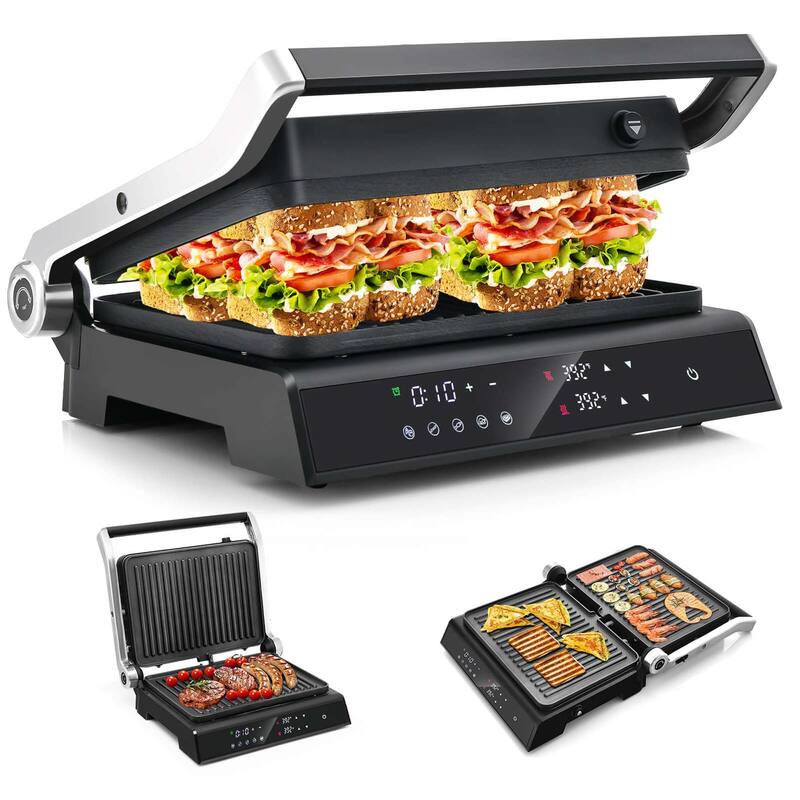 Costway Electric Panini Press Grill Sandwich Maker with LED Display & - See Details - Black - See Details