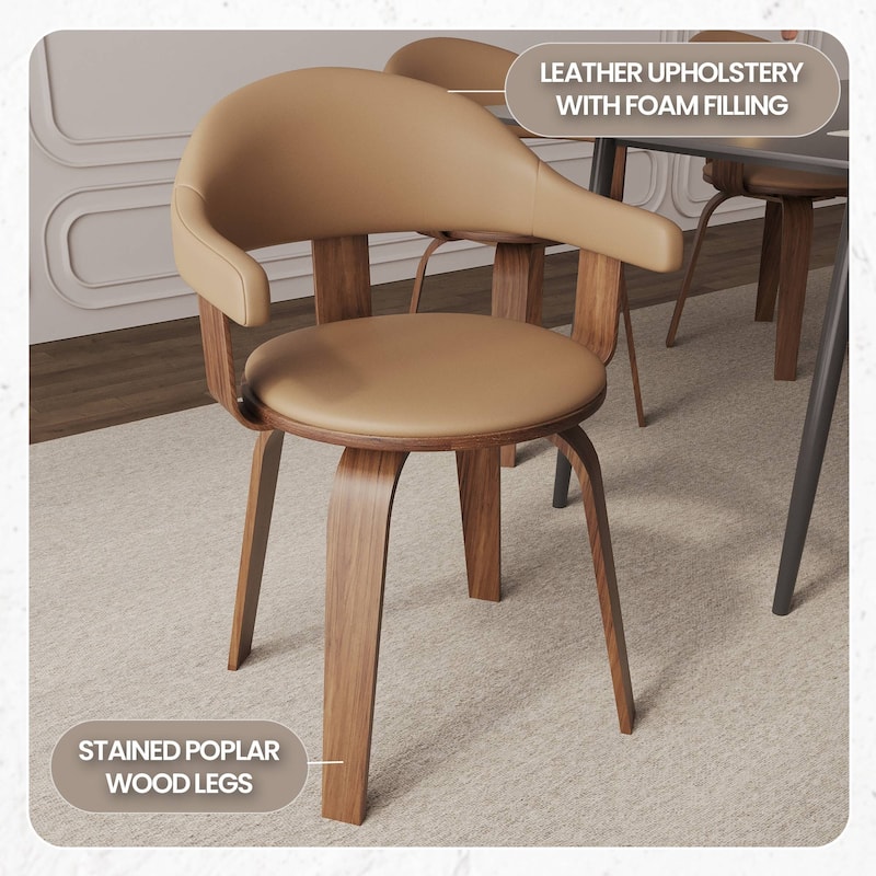 Leather Dining Chair in Solid Wood Accent Arm Chair Open Curved Back Design