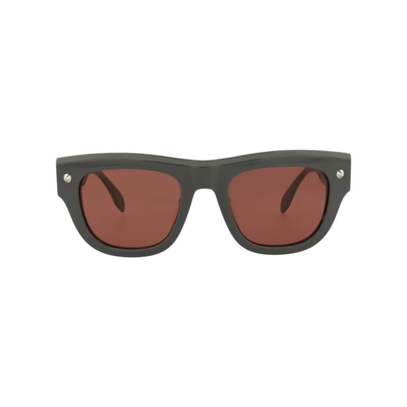 Alexander McQueen Square-Frame Recycled Acetate Sunglasses, Warm Brown Lens, Shiny Solid Grey w/Silver Studs Frame