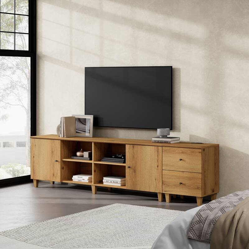 WAMPAT Wood TV Stand with Drawer & Charging Station for 100 Inches TVs