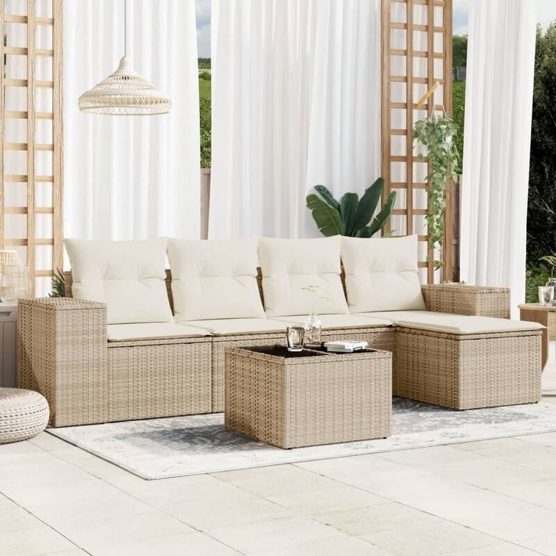 vidaXL Patio Sofa Set with Cushions Outdoor Conversation Furniture Poly Rattan - Beige and cream with table - 21.7 x 21.7 x 14.6
