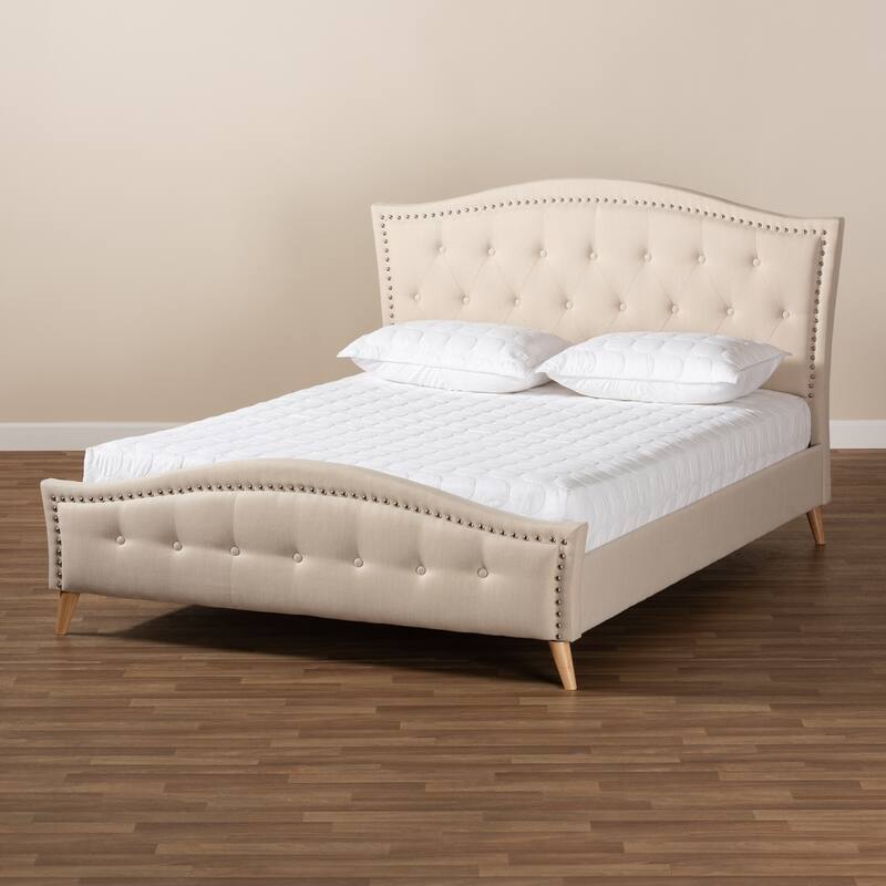 King Size Platform Bed - Modern Beige Upholstered Bed with Button Tufted Headboard & Angled Legs