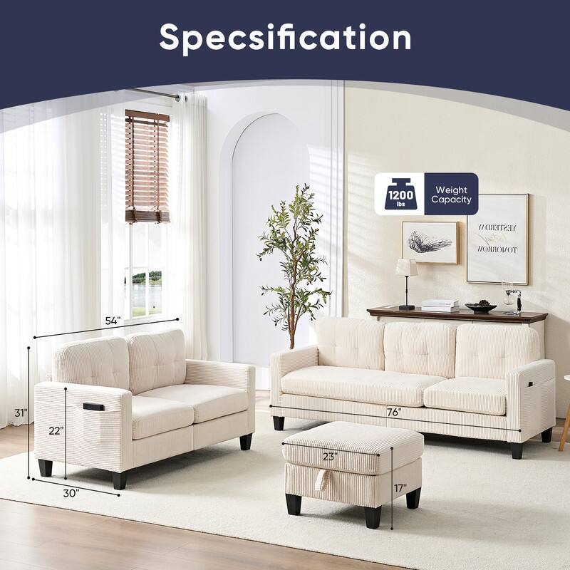 Mixoy 76'' L-Shaped Sofa Set,Corduroy Sectional Sofa,Mid Century 3-Seater Sofa with Storage Ottoman/Loveseat/Single Sofa