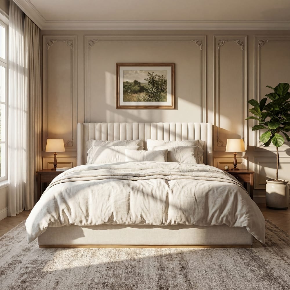Christopher Knight Home - Modern Minimalist Upholstered Linen Platform Bed Frame with Wingback Headboard, Wood Slat Support