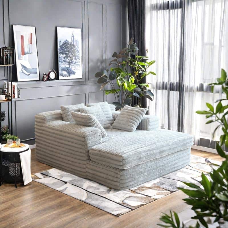 Corduroy Chaise Lounge with Convertible Sofa Bed Design & 2 Throw Pillows - Plush Armchair - Beige