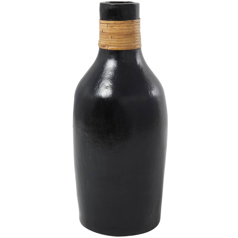 Modern Black Ceramic Vase with Stylish Wrapped Rattan Detailing