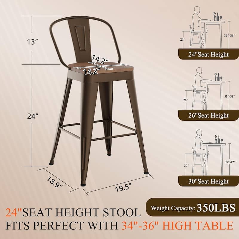 Swivel Counter Stools with Metal Frame Farmhouse Counter Chairs with High Back 24" Kitchen Bar Furniture Stools with Wooden Seat