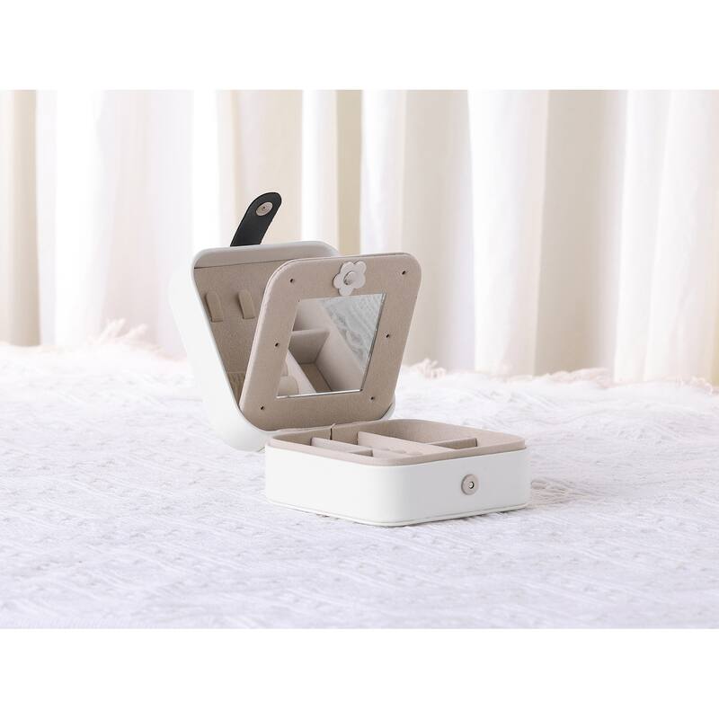 Travel Jewelry Box with Mirror, Mini Portable PU Leather Jewelry Organizer Case Storage Display Holder - 11*11*5.8cm