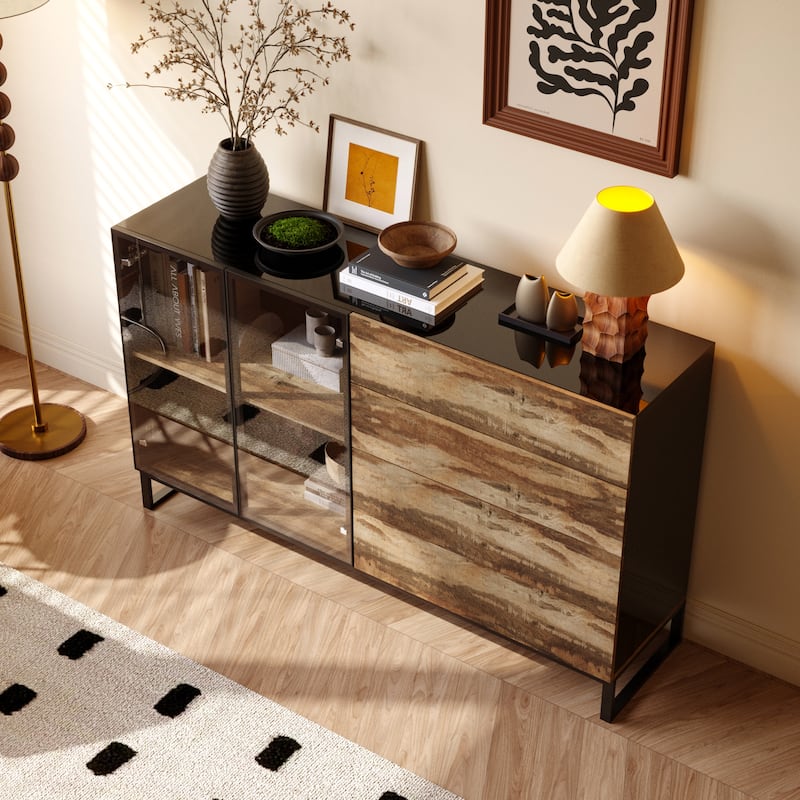 Bookshelves Sideboard Cabinet with Glass Doors and Rustic Wood Drawers 63" Credenza Storage Cabinet