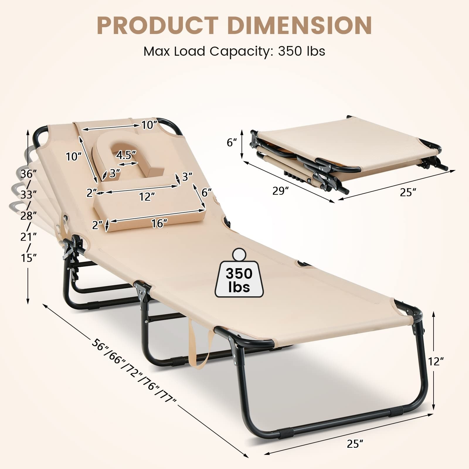 Tanning Chair 350lbs Beach Lounge Chair with Face Hole