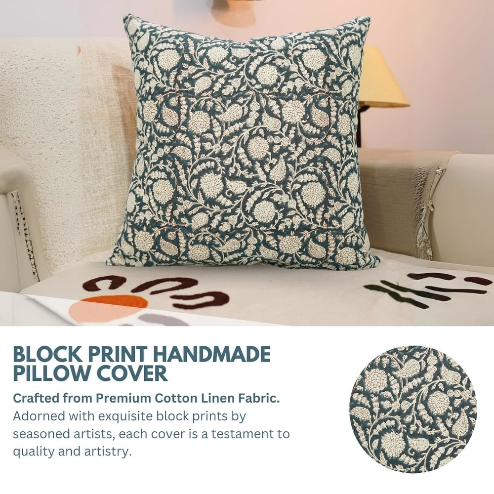 Fabdivine Handmade Dark Blue Block Print Cushion Cover Floral Linen for Living Room Sofa Chair Hotel, Home Decoration, Gopi